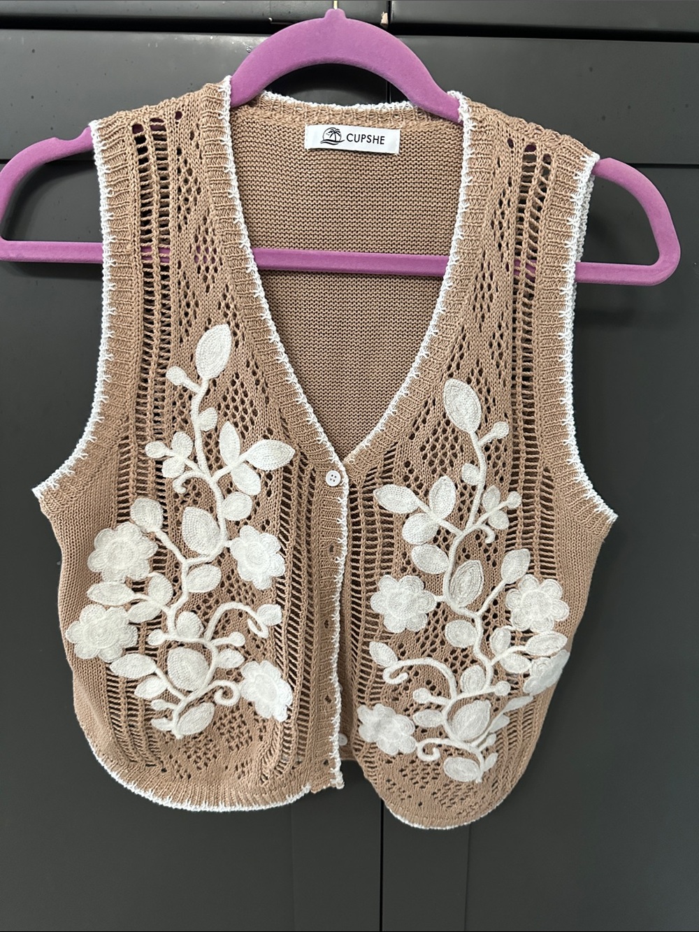 Cupshe Tan Crochet Floral Appliqué Vest with White Embroidery